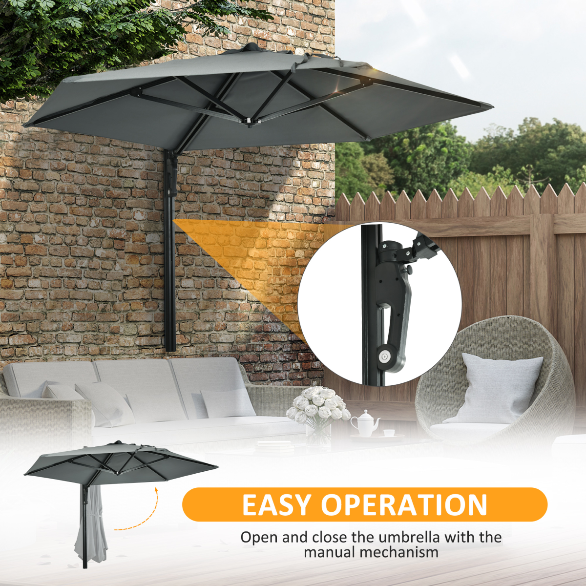 Outsunny Wall-Mounted Parasol with 180° Rotating Canopy & Aluminium Frame – Space-Saving Balcony Shade, Grey