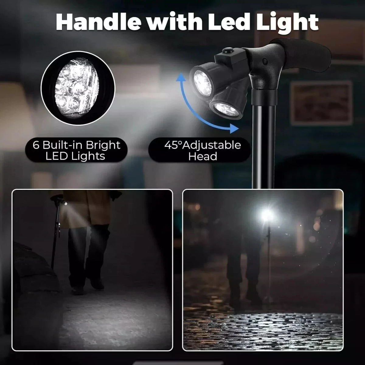 Folding Walking Stick with LED Light & Alarm, 5-Level Adjustable Height – Camping & Hiking Cane with 4-Foot Base