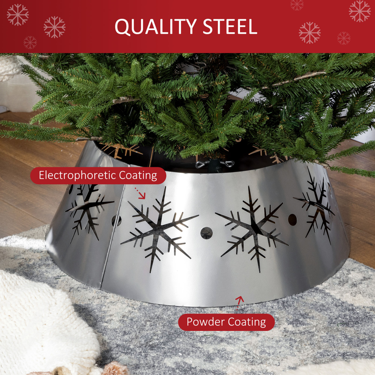 HOMCOM Christmas Tree Base Cover with Hollow Snowflake Patterns – Festive Tree Stand Skirt, Silver