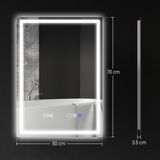 HOMCOM LED Bathroom Mirror 70 x 50cm with Bluetooth Speaker, Clock & Demister – Dimmable 3 Colour Light