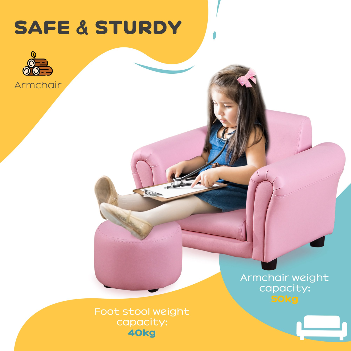 HOMCOM Kids Sofa with Footstool – Toddler Armchair for Playroom and Bedroom, Pink