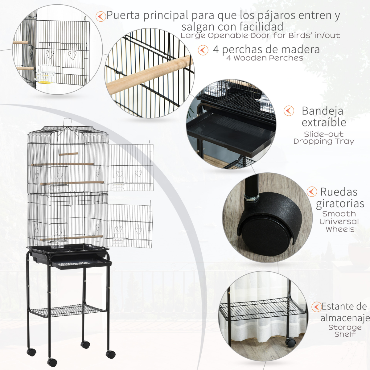 Pawhut Metal Budgie Bird Cage with Rolling Stand, Slide-out Tray and Storage Basket – Small Bird Cage, Black