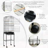 Pawhut Metal Budgie Bird Cage with Rolling Stand, Slide-out Tray and Storage Basket – Small Bird Cage, Black