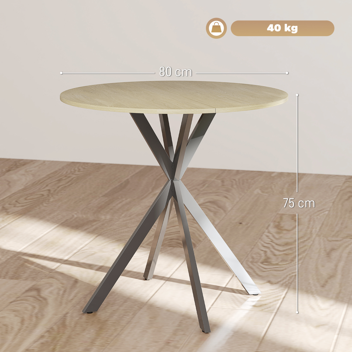 HOMCOM 80 cm Round Dining Table with Steel Cross Legs – Industrial Kitchen Table, White Oak Effect