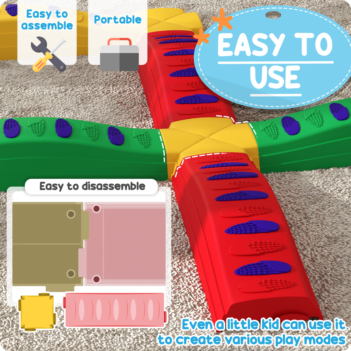 AIYAPLAY 12 Piece Kids Balance Beam Stepping Stones Set with Non-Slip Foot Pads – Indoor Outdoor, Multicoloured