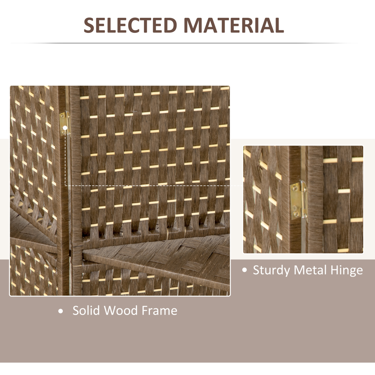 4-Panel Folding Room Divider with Shelves – Woven Wicker Effect Privacy Screen with Wood Frame, Brown
