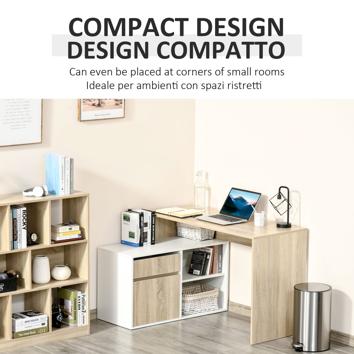 HOMCOM L-Shaped Corner Computer Desk with Cabinet, Drawer and Two Shelves – Home Office, Oak and White