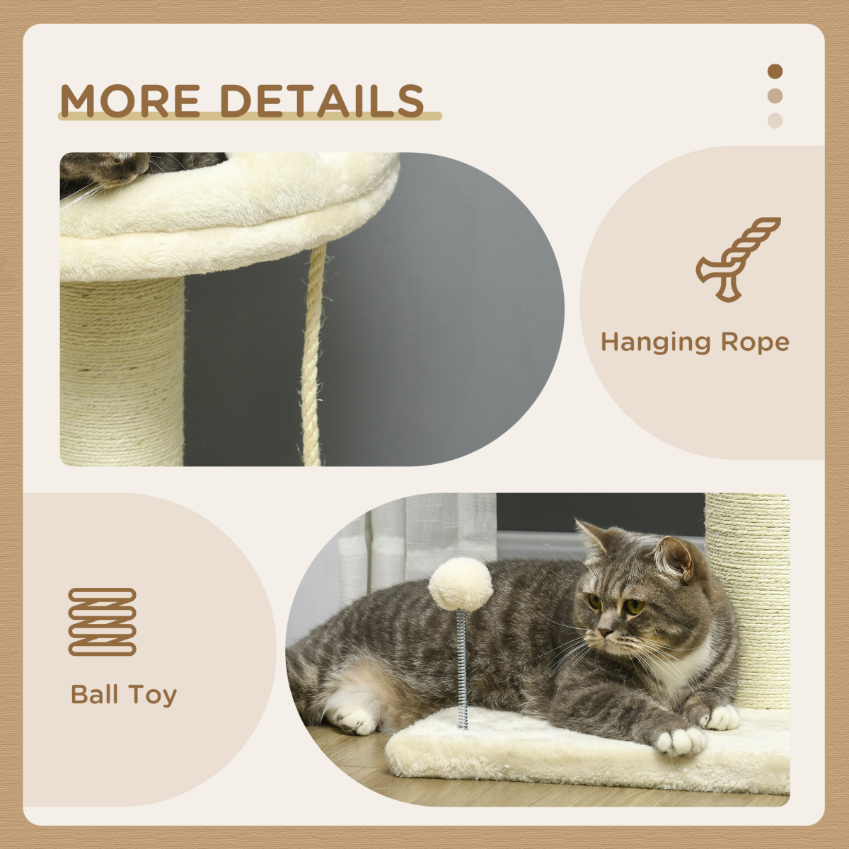PawHut Cat Tree for Indoor Cats with Sisal Scratching Post & Spacious Bed – Kitten Climbing Tower, Cream