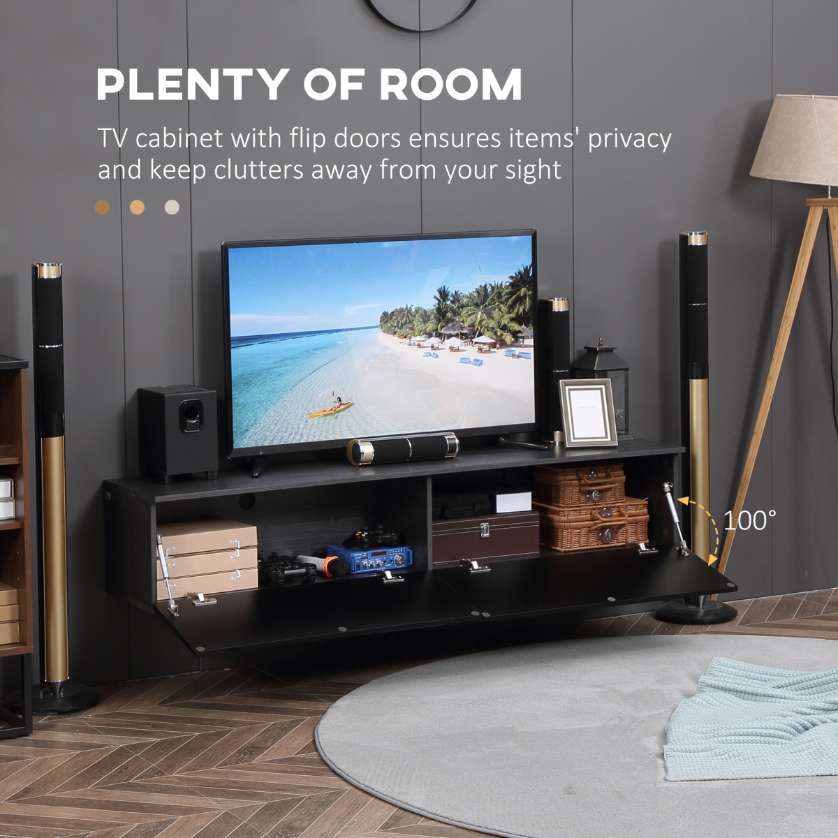 Floating Wall-Mounted TV Unit with Storage Cupboards – Cable-Hiding Media Cabinet for Living Rooms