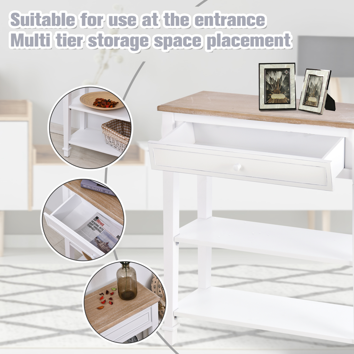 HOMCOM MDF Console Table with Wide Drawer and 2 Shelves – Hallway Storage Unit, White