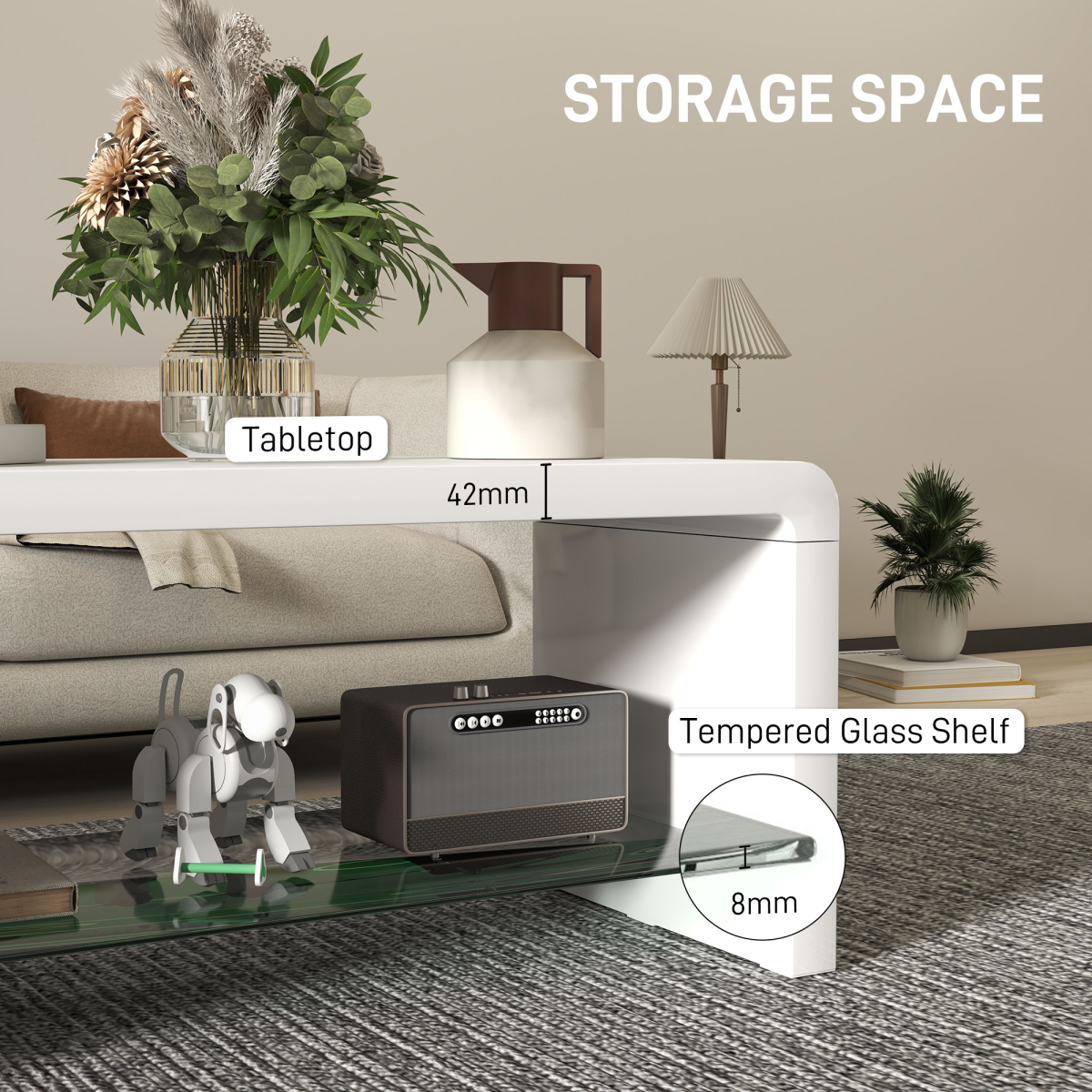 HOMCOM High Gloss Coffee Table with Lower Glass Shelf – Curved Two-Tier Living Room Table, White