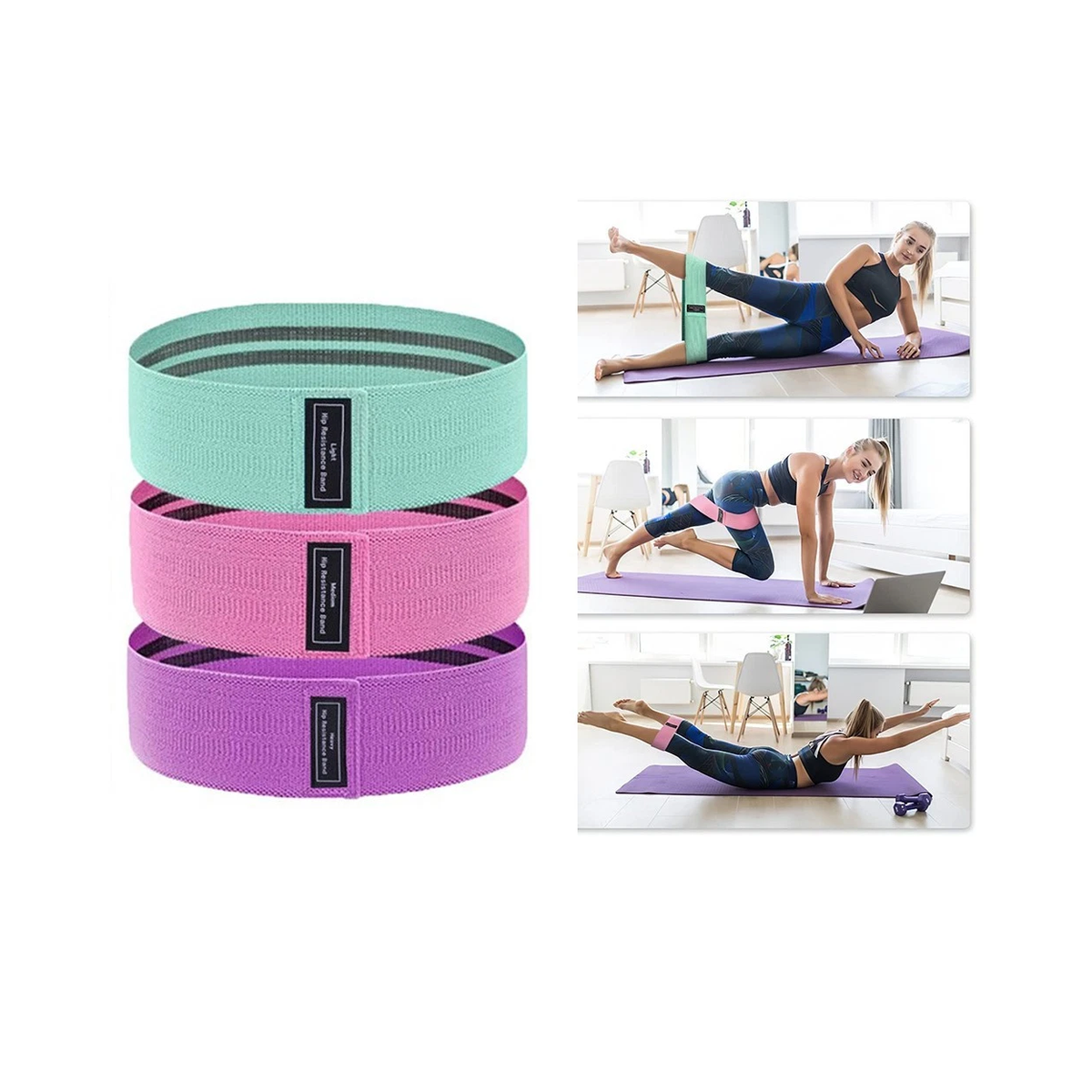 Set of 3 Fabric Resistance Loop Bands with Carry Bag, Light to Heavy – Home Gym Glute, Leg & Yoga Training