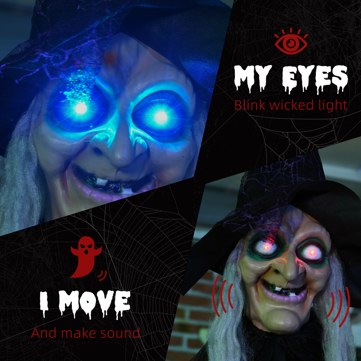 HOMCOM Life Size Witch Prop with Light-Up Eyes and Talking Sounds – Halloween Decoration, Black