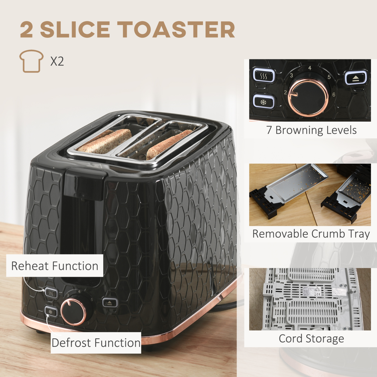 HOMCOM 1.7L Fast Boil Kettle & 2-Slice Toaster Set with 7 Browning Settings – Honeycomb Texture, Black