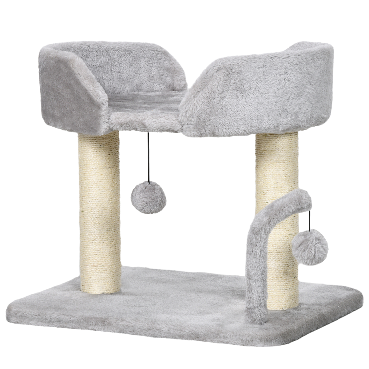Plush Cat Tree with Sisal Scratching Post, Top Perch & Hanging Toy Balls – Compact Cat Tower, Light Grey