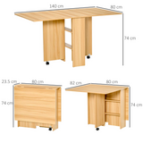 HOMCOM Folding Drop-Leaf Dining Table with 2 Storage Shelves & Lockable Wheels – Space-Saving, Teak