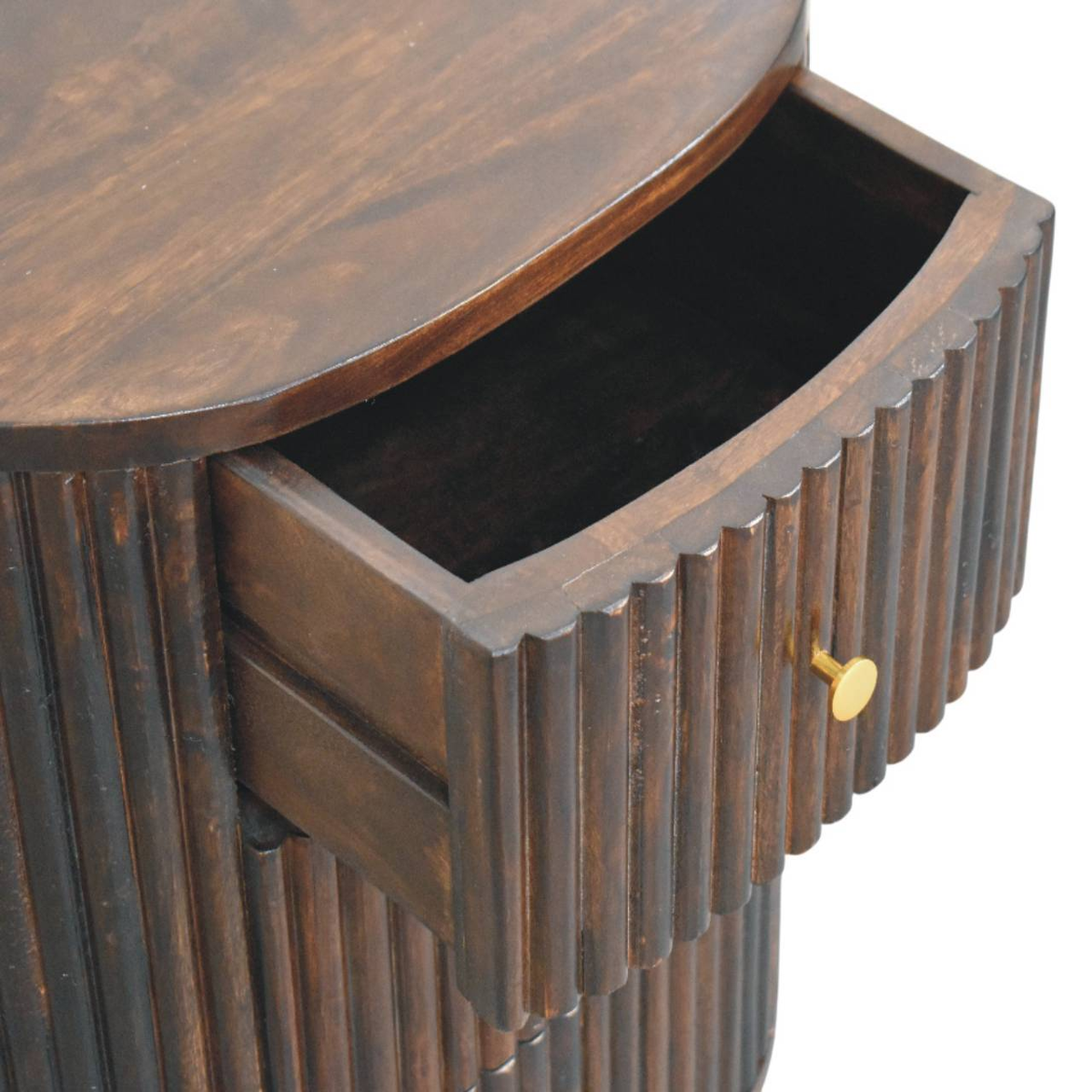 Artisan Furniture Solid Mango Wood Curved Fluted Bedside Table with 3 Drawers and Brass Knobs – Dark Brown