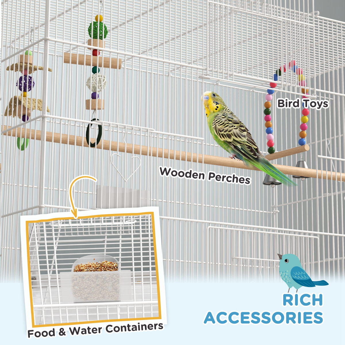 PawHut Rolling Bird Cage with Stand – Steel, Toys, Perches and Wheels, 79 x 49 x 133cm, White