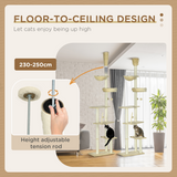 PawHut 6-Tier Floor-to-Ceiling Cat Tree with Scratching Post, Bed & Hammock – Adjustable Cat Tower, Beige