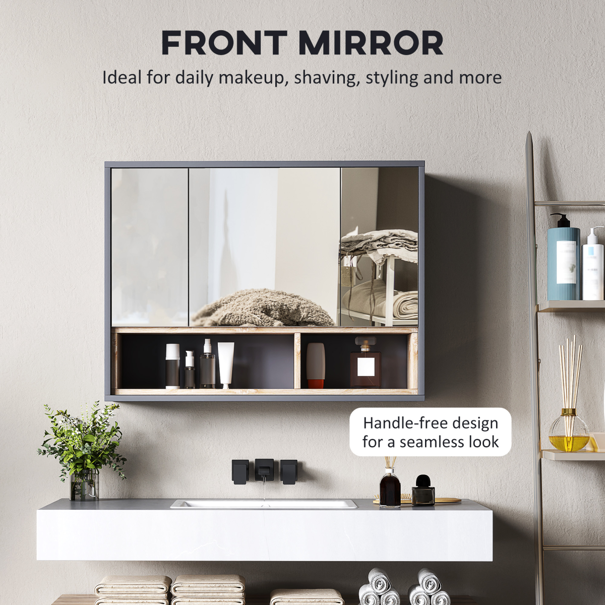 HOMCOM Wall-Mounted Bathroom Mirror Cabinet with Eight Compartments and Shelves, Grey
