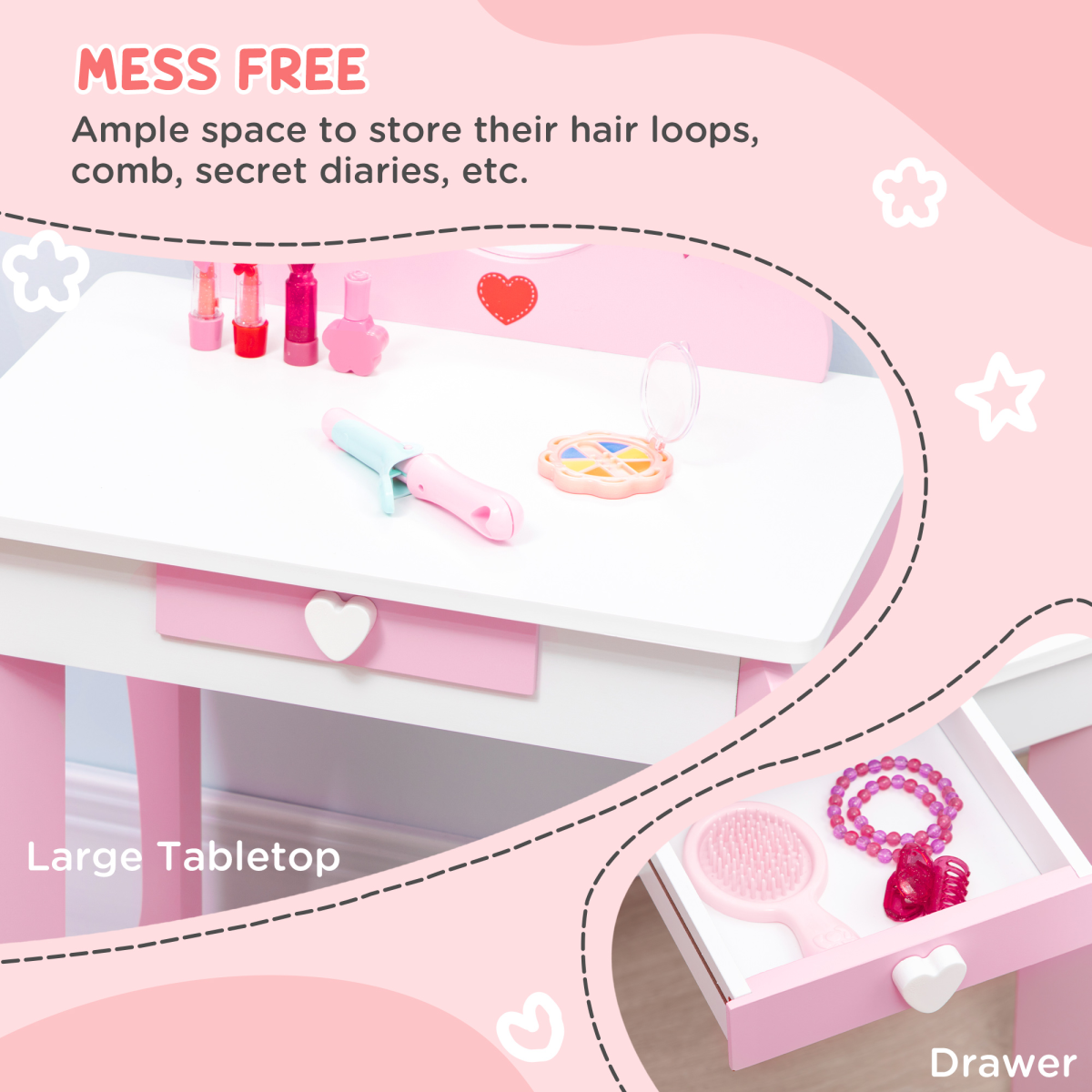 ZONEKIZ Kids Vanity Set with Mirror, Drawer, Cute Patterns, for Girls – Pink