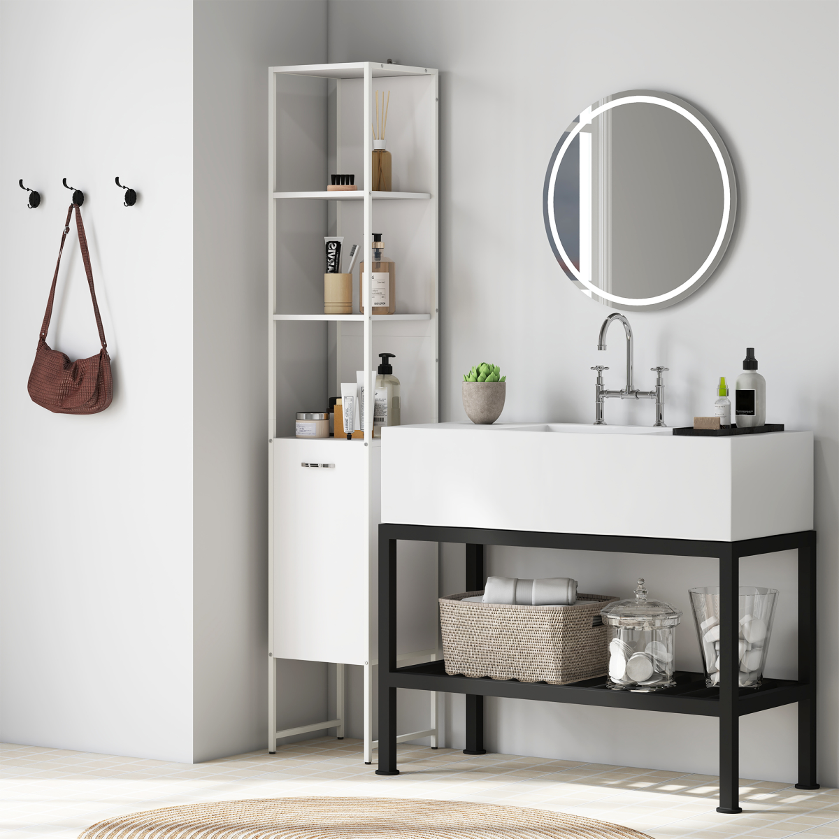 White Bathroom Storage Cabinet with Open & Closed Compartments – Freestanding Organiser
