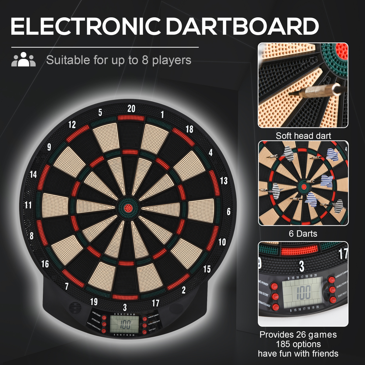 Electronic Dartboard with 26 Games, 185 Variations & LCD Scoring – 6 Darts Included, Up to 8 Players