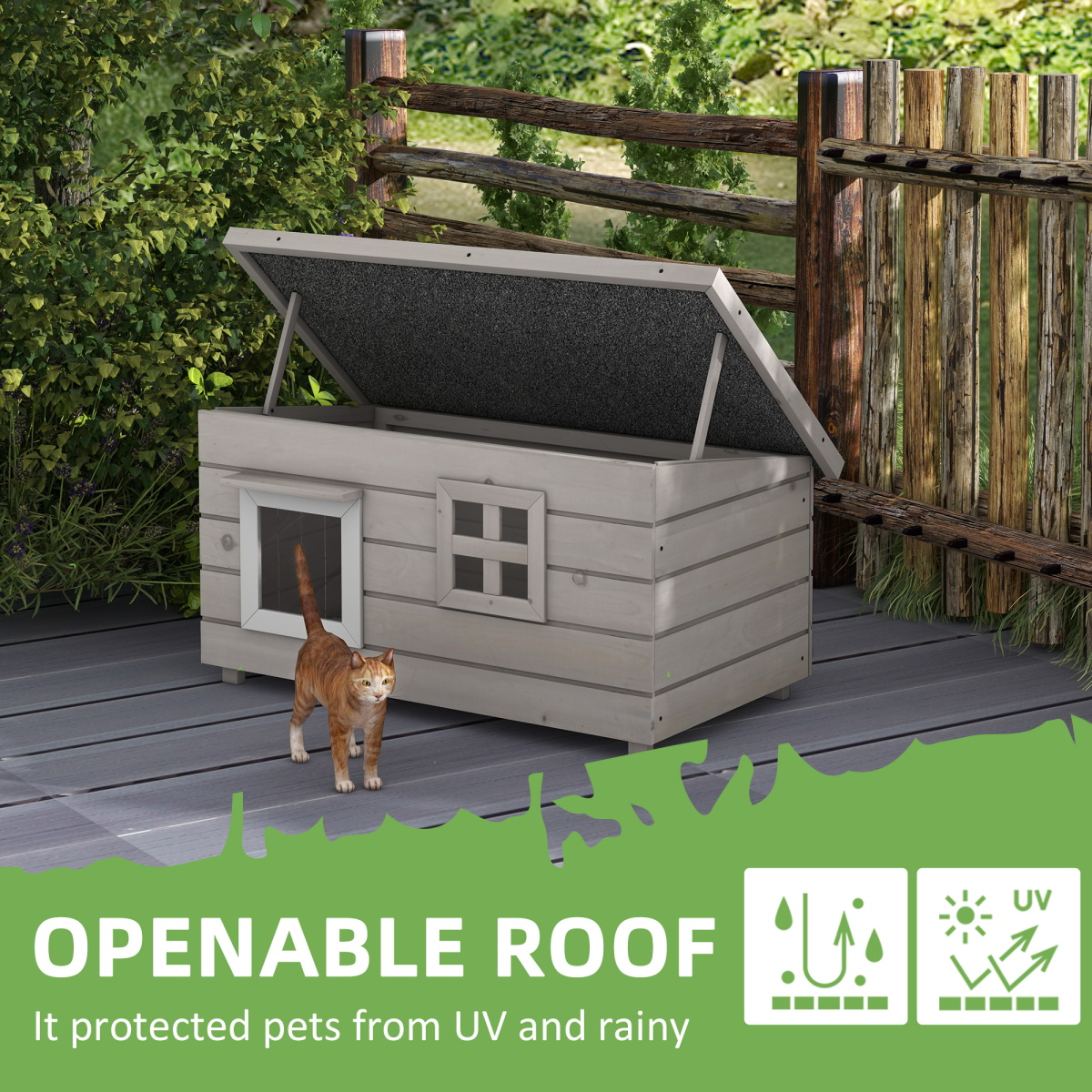 PawHut Wooden Cat House for Outdoors with Openable Asphalt Roof & Window – Elevated Shelter, Grey