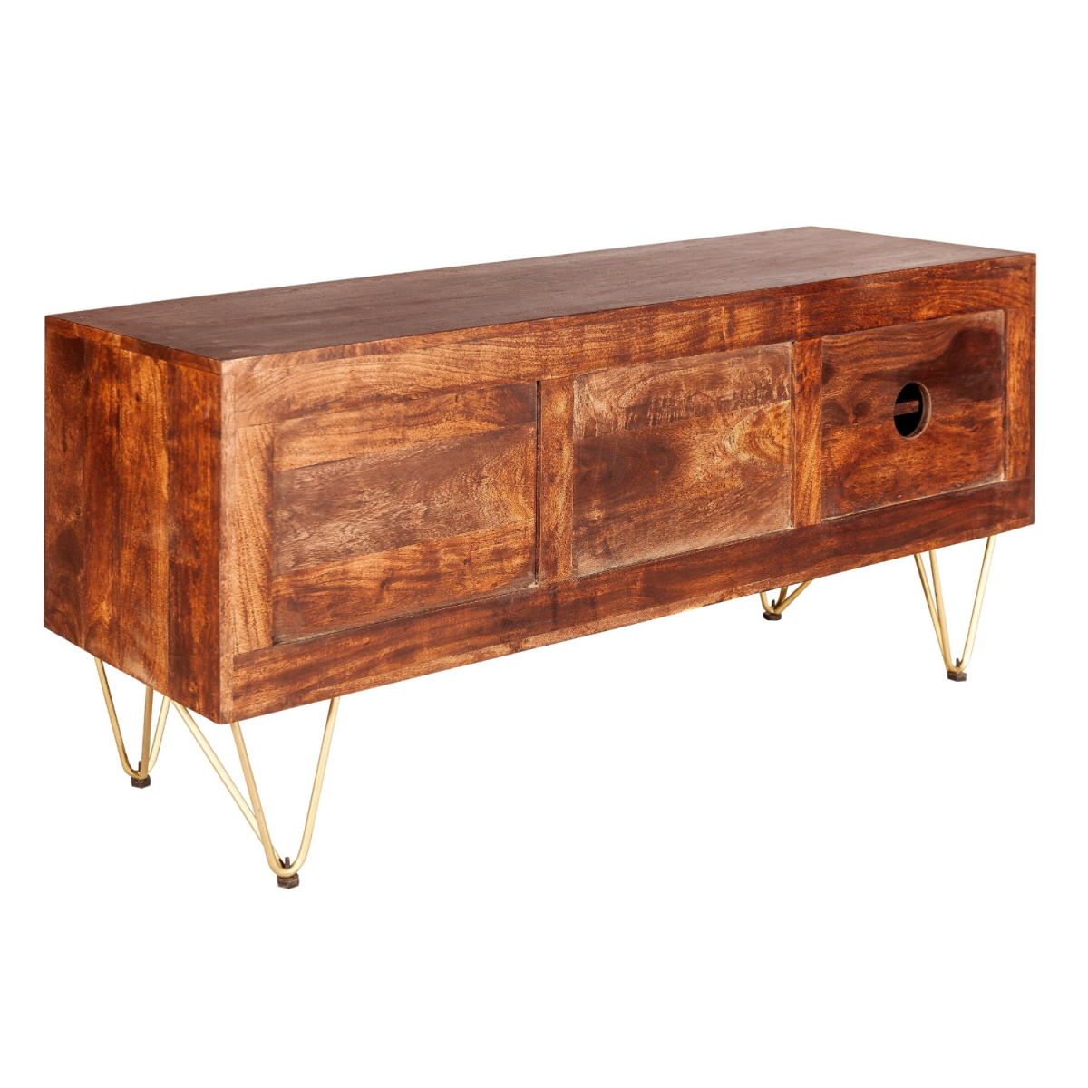 Dark Gold Plasma Media TV Unit in Solid Wood with Abstract Metal Inlay – Storage for Large Flat-Screen TVs
