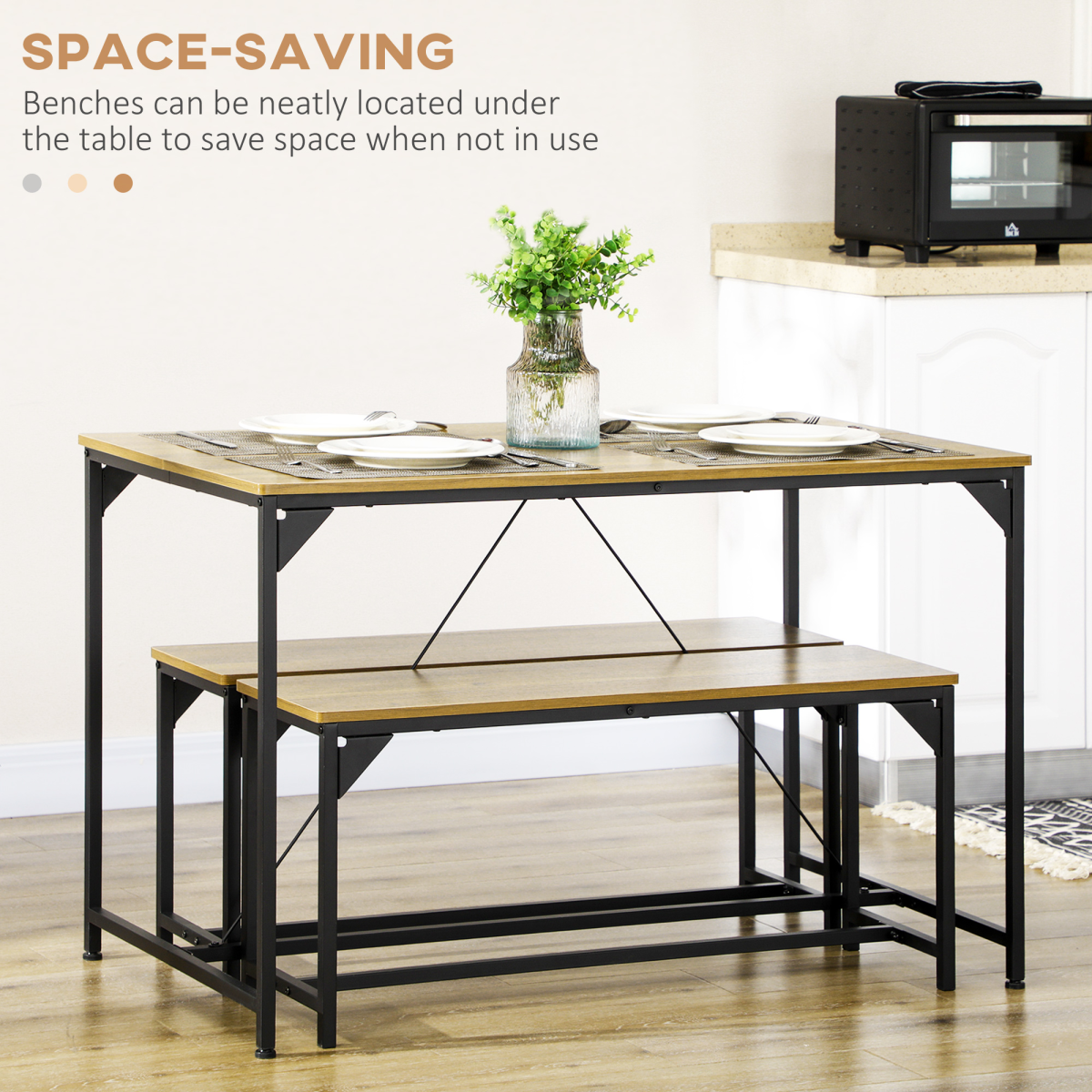 HOMCOM Modern Dining Table & 2 Benches Set for 4 – Space-Saving Three-Piece Kitchen Set