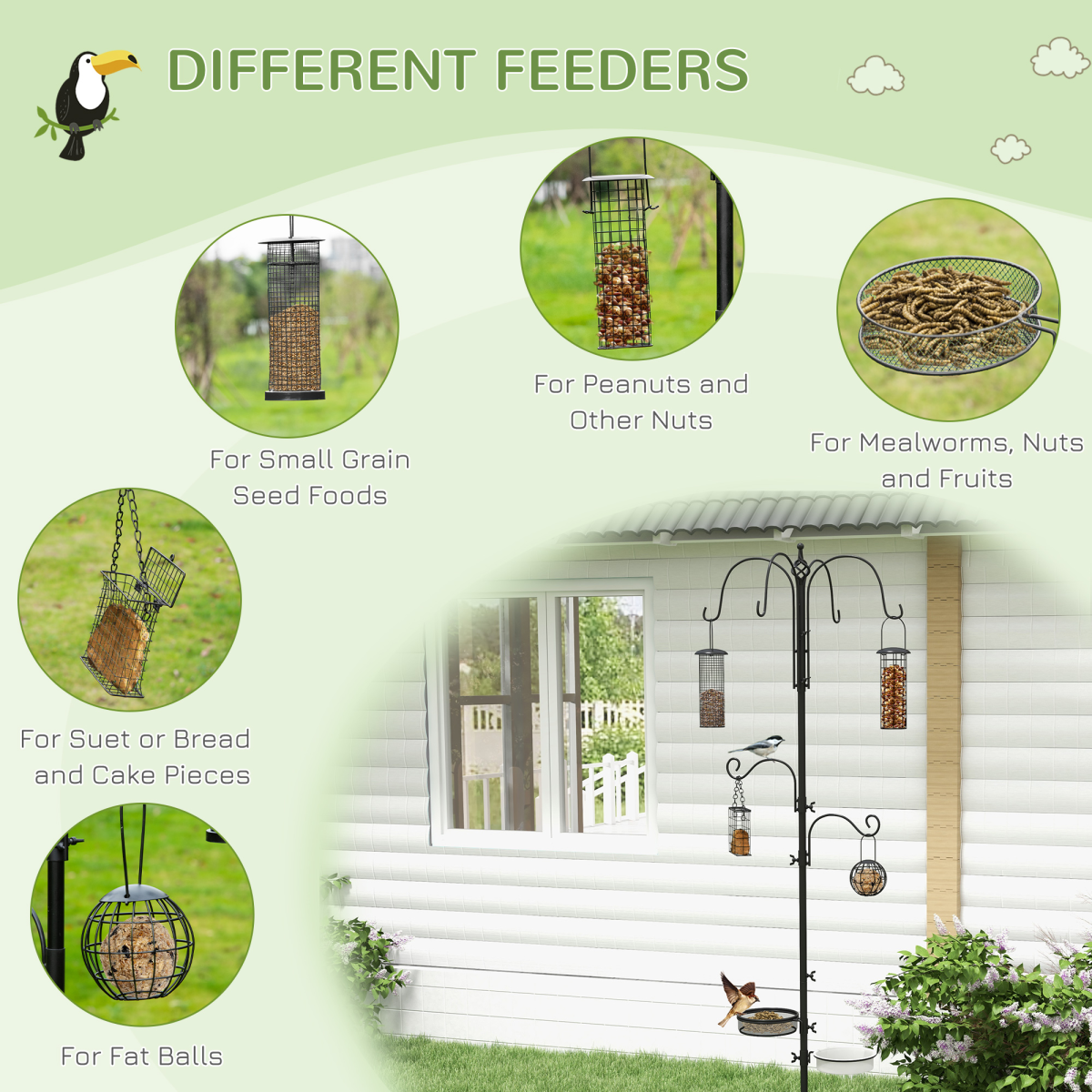 PawHut Bird Feeding Station Kit with 6 Hooks and 4 Hanging Feeders – Garden Wild Bird Feeder Pole