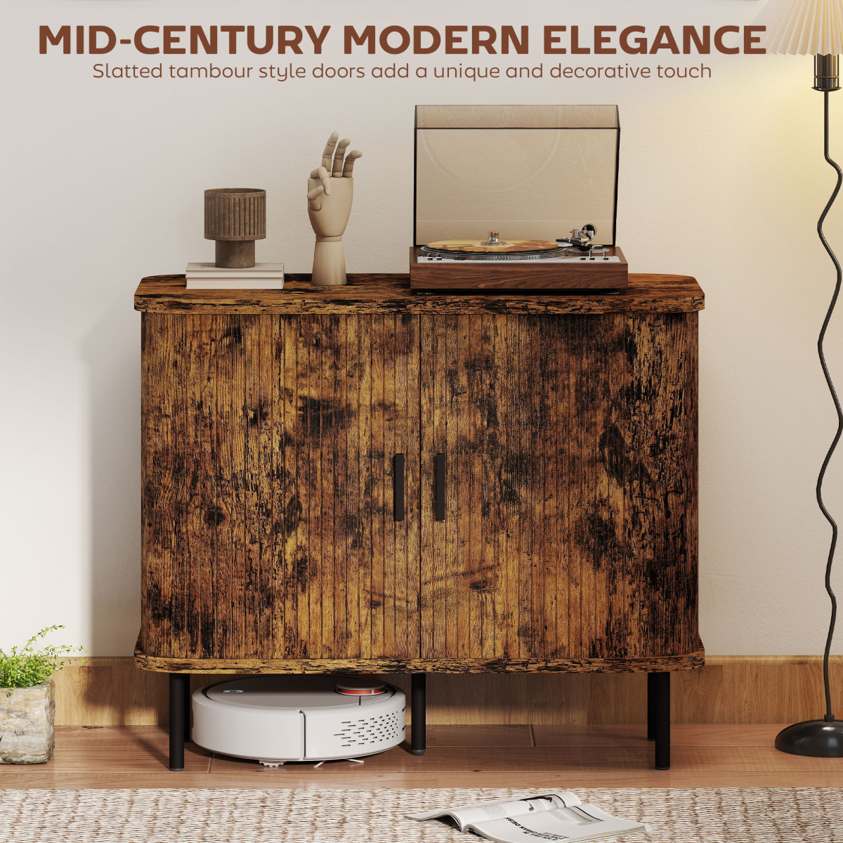 Mid-Century Sideboard with Slatted Tambour Sliding Doors – Kitchen & Hallway Storage Cabinet, Rustic Brown
