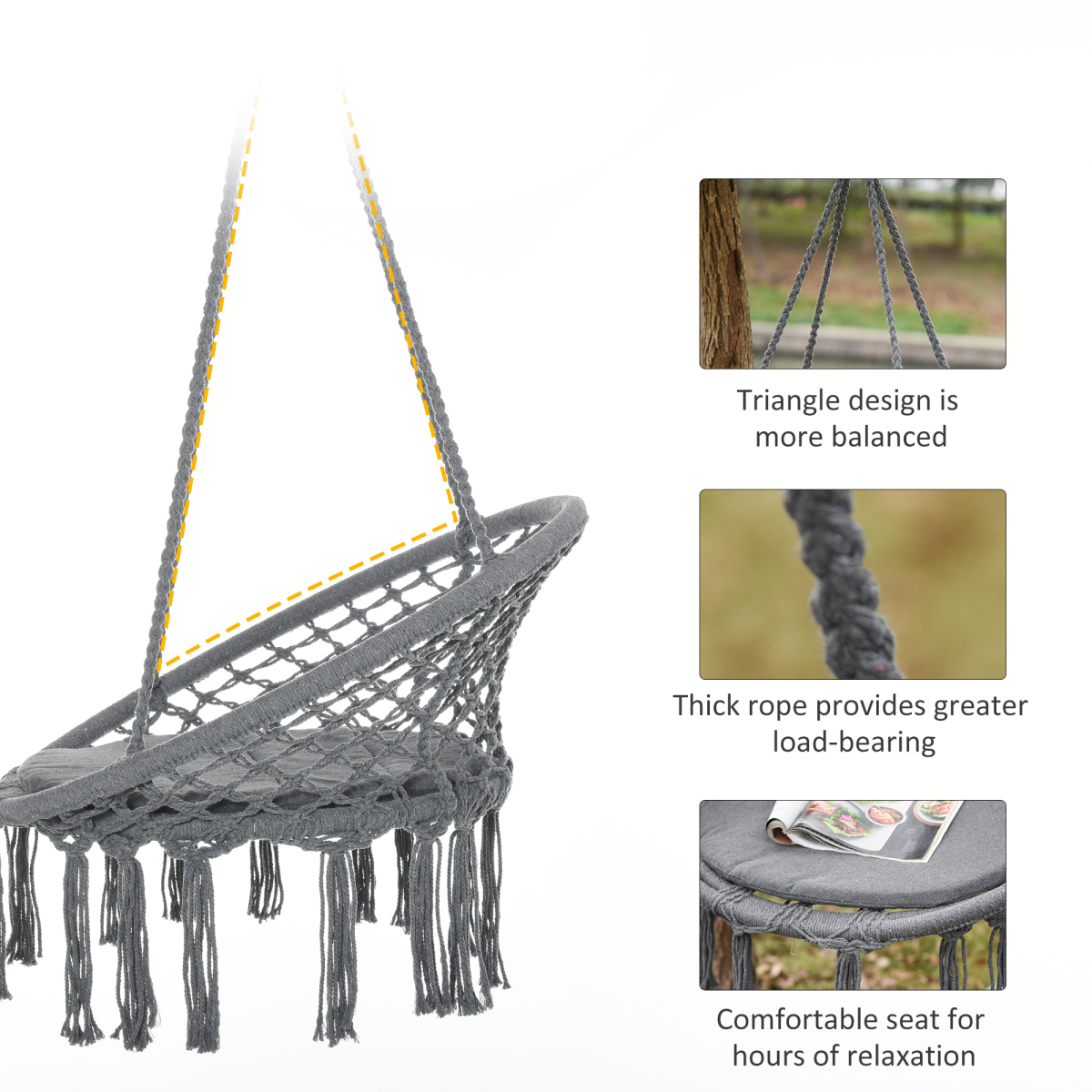 Outsunny Macrame Hanging Chair Swing Hammock with Padded Cushion & Backrest – Indoor Outdoor Hanging Seat, Grey
