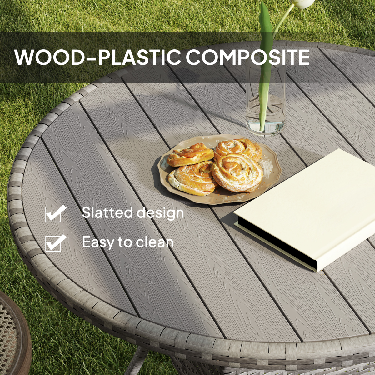 Outsunny Rattan Outdoor Dining Table for 4 with Wood-Plastic Composite Top – Patio Garden Furniture, Grey