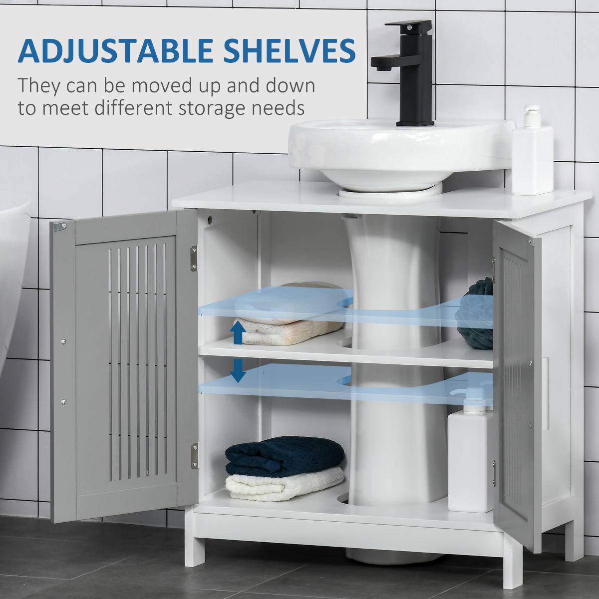 kleankin Modern Under Sink Cabinet with 2 Slatted Doors – Bathroom Vanity Storage Unit, White