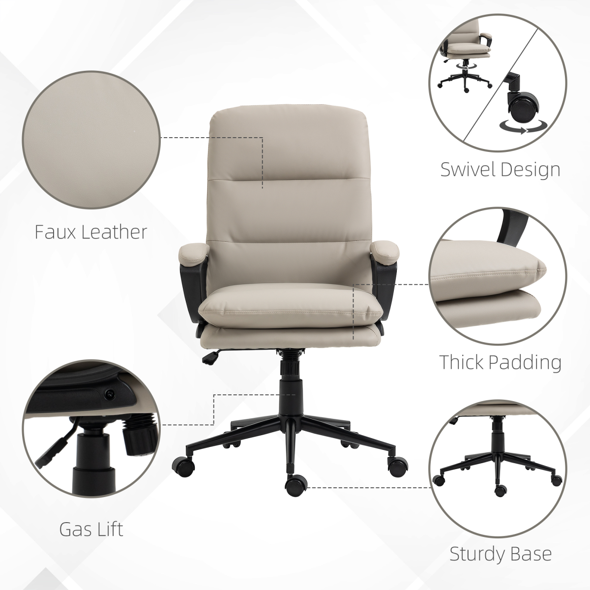 Vinsetto PU Leather Home Office Chair with Double-Padded Seat & Armrests – Swivel Desk Chair, Grey