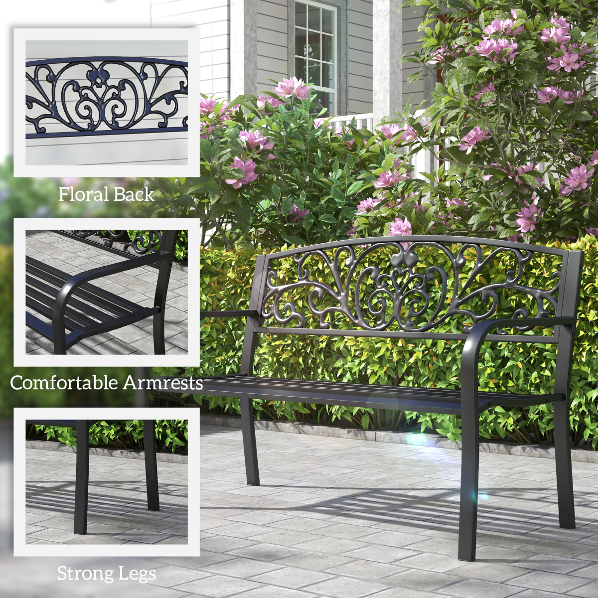 Outsunny 2-Seater Powder Coated Steel Garden Bench with Floral Backrest – Patio Seating, Black
