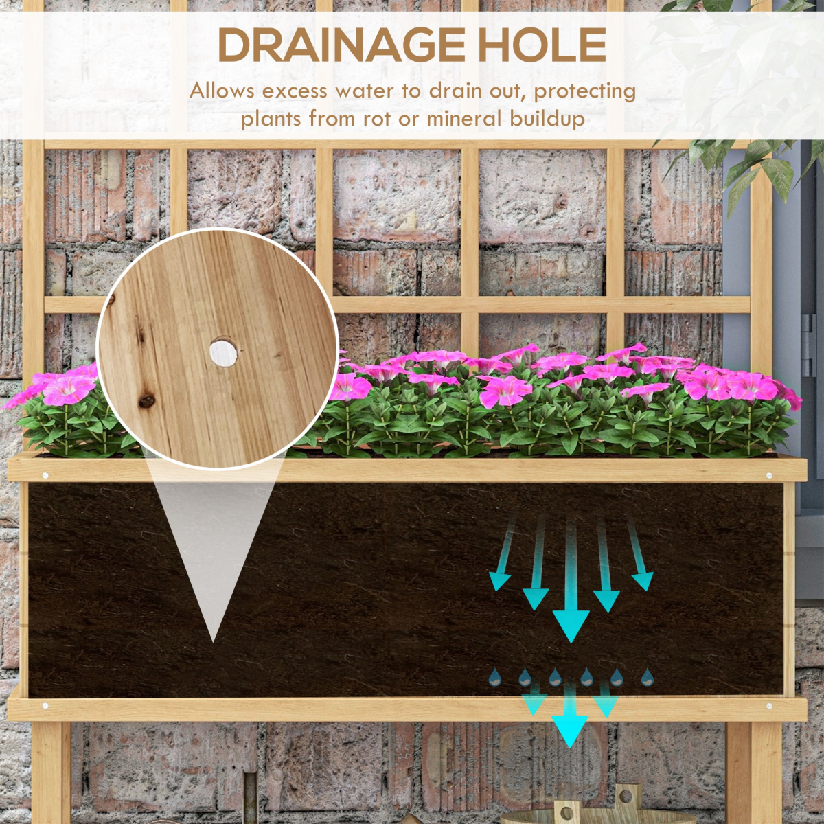 Outsunny Fir Wood Raised Garden Bed Planter with Trellis, Drainage Holes & Liner – Climbing Plants, Natural