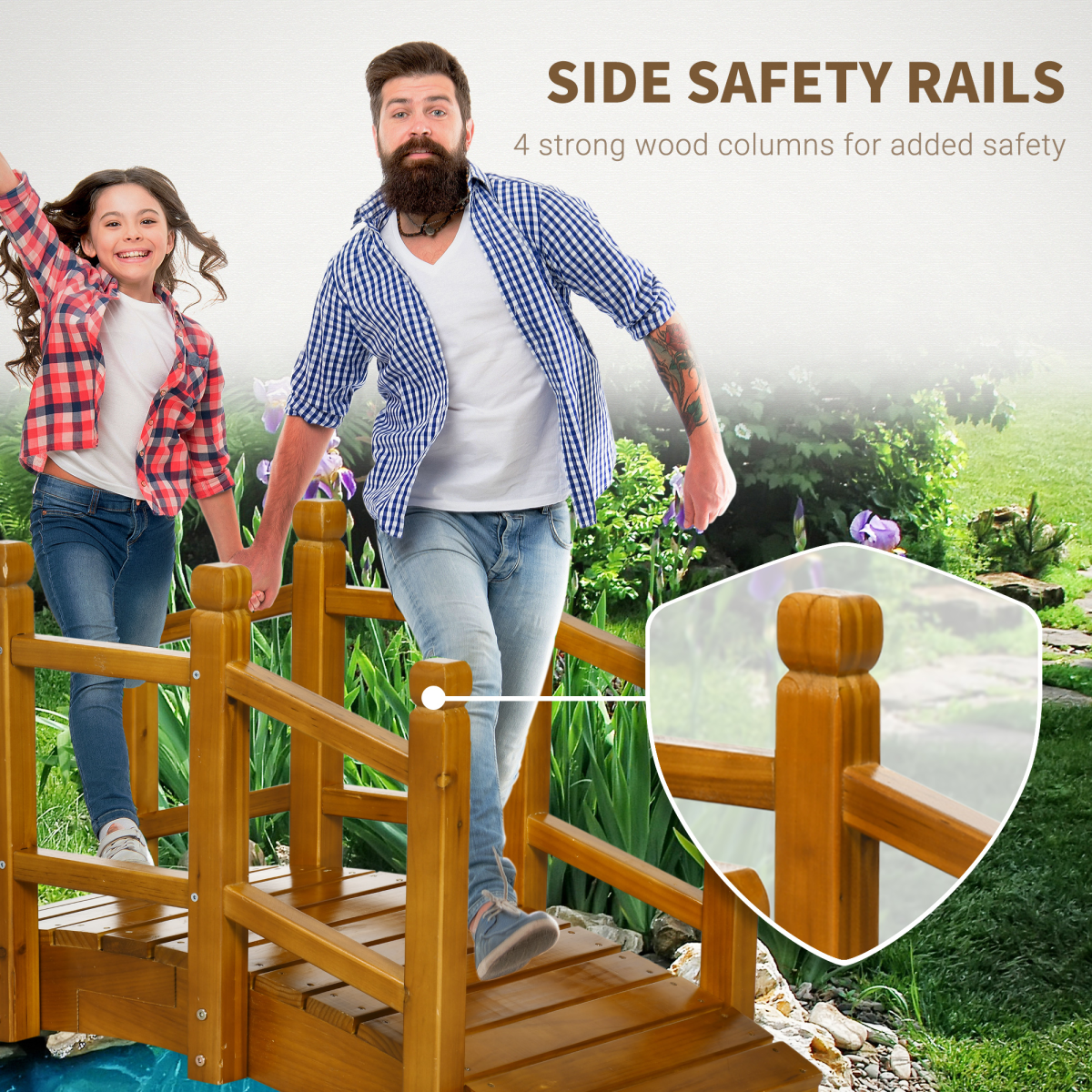 Outsunny Wooden Garden Bridge with Curved Safety Railings, 150kg Capacity – Arched Pond Footbridge