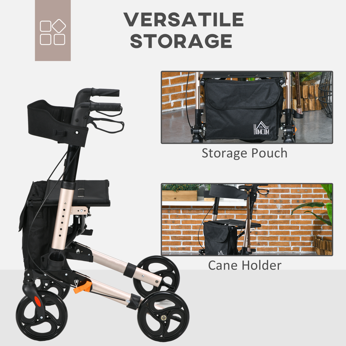 HOMCOM 4-Wheel Rollator Walker with Seat, Backrest & Bag – Height Adjustable Walking Aid, Gold Tone