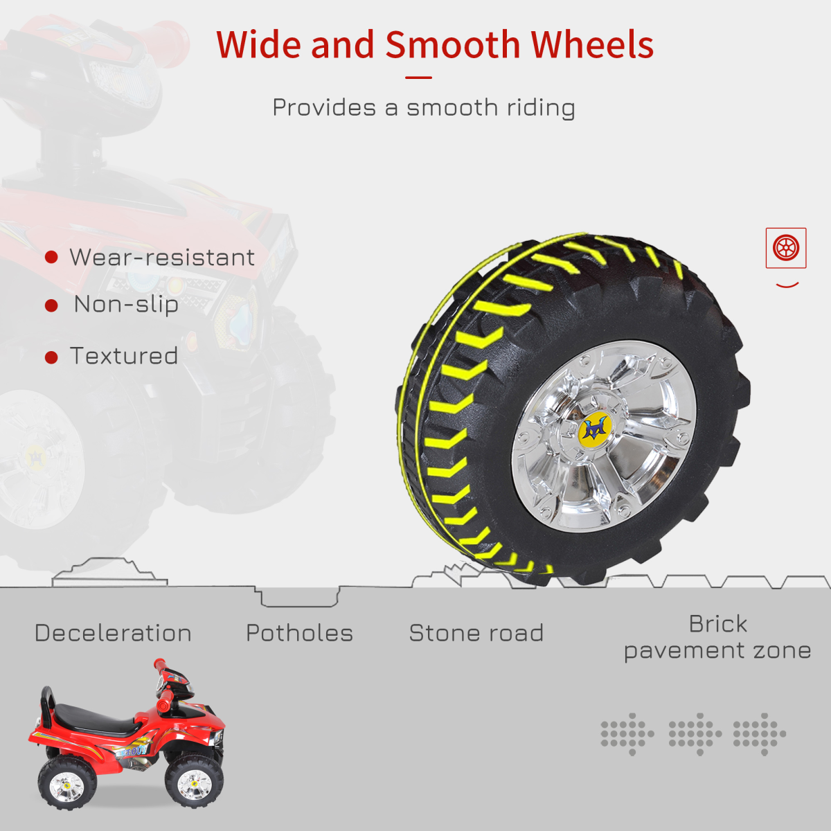 HOMCOM Kids Ride-On Quad Bike with LED Light, Horn and Music – Foot-Powered Toddler Ride-On, Red