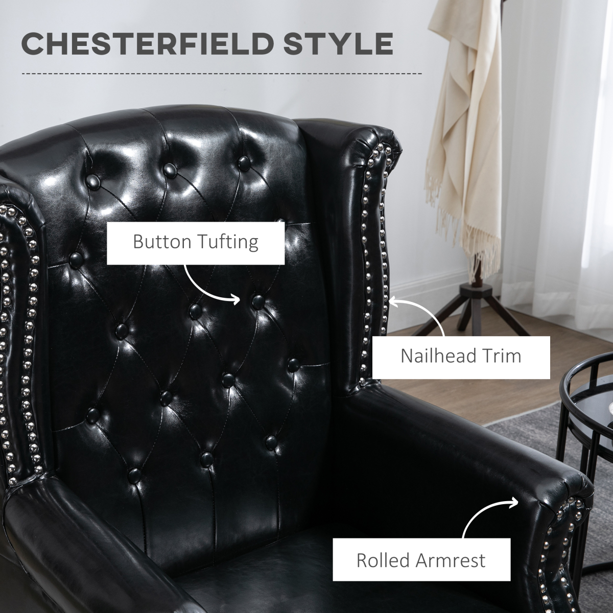 HOMCOM Chesterfield-Style Tufted Wingback Armchair with Padded Seat & Armrests – Classic Lounge Chair, Black