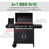 Outsunny 4+1 Burner Gas BBQ Grill with Side Burner, Thermometer & Storage Cupboard – Wheeled Steel Barbecue, Black