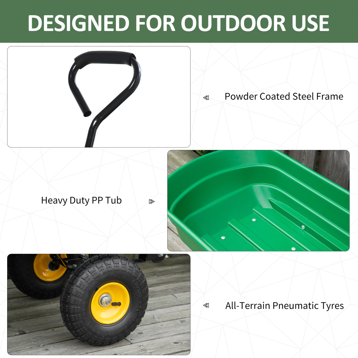Outsunny 75L Garden Cart with 4 Wheels & Tipping Mechanism – Heavy Duty Steel Wheelbarrow Trolley, Green