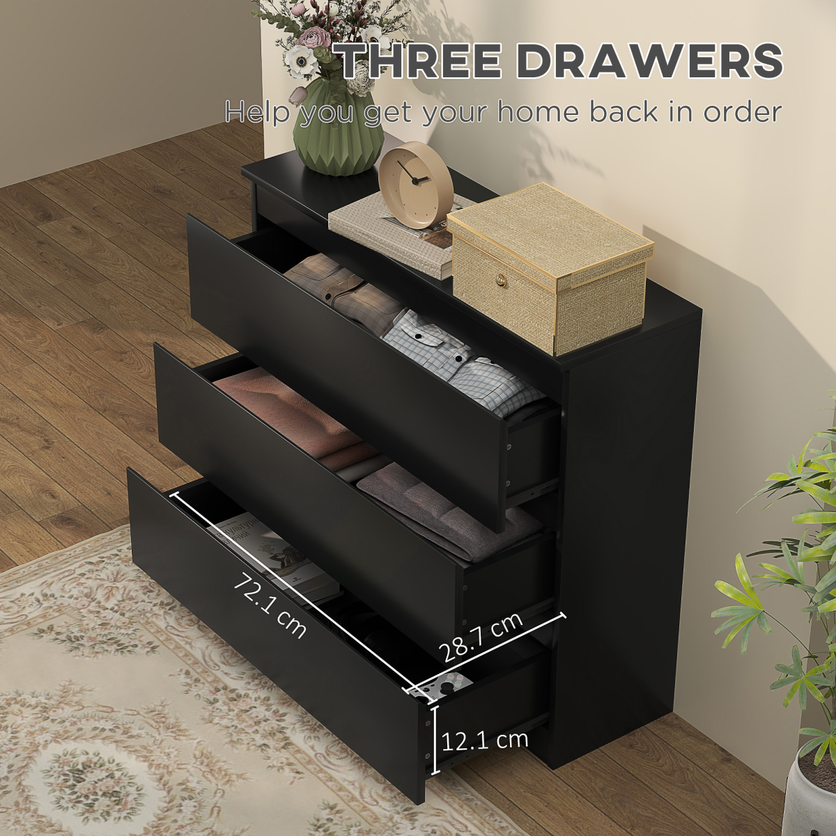 HOMCOM 3-Drawer Chest of Drawers with Tabletop & Anti-Tip Fitting – Bedroom Storage Unit, Black