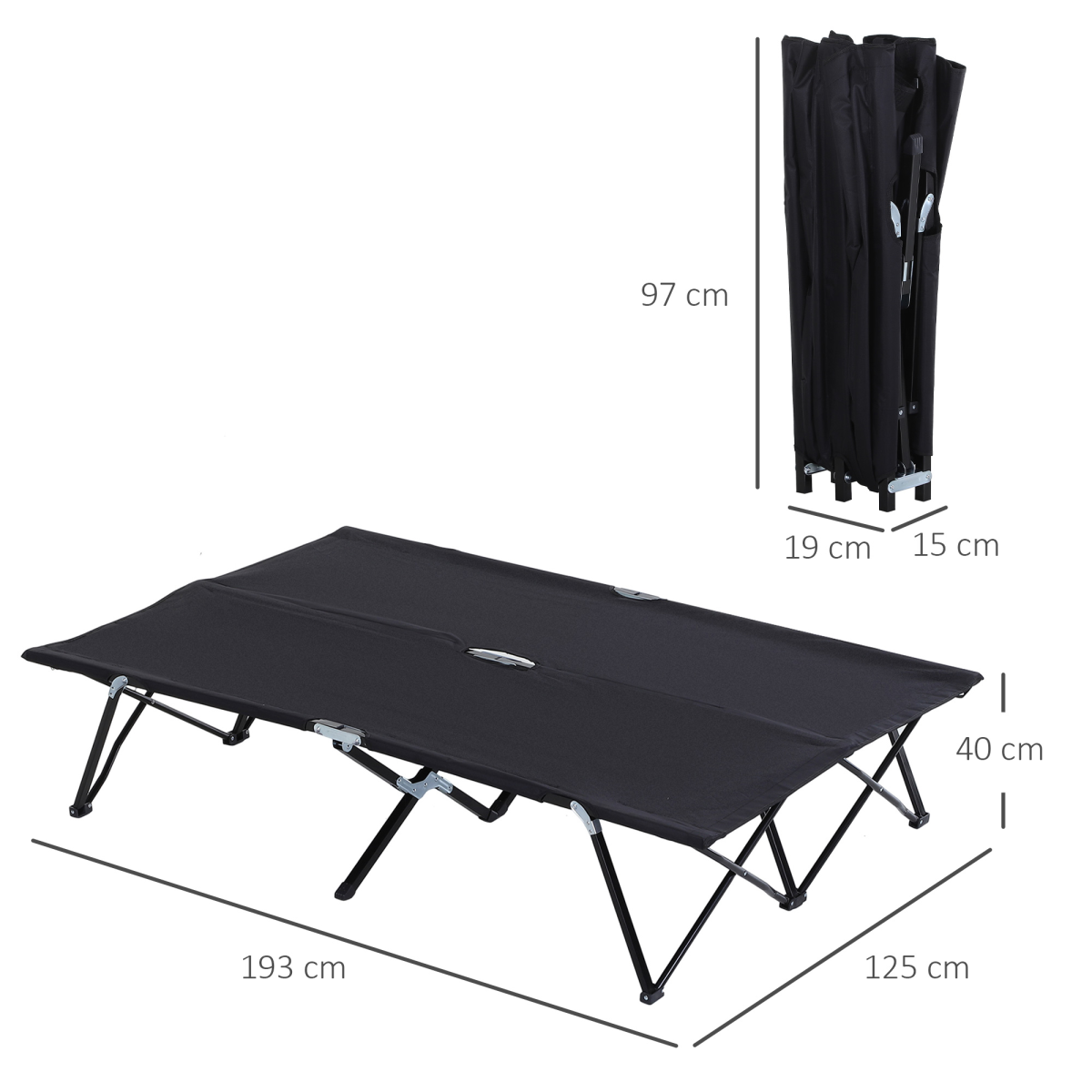 Outsunny Double Folding Camping Cot with Steel Frame & Carry Bag – Portable Two-Person Sleeping Bed, Black