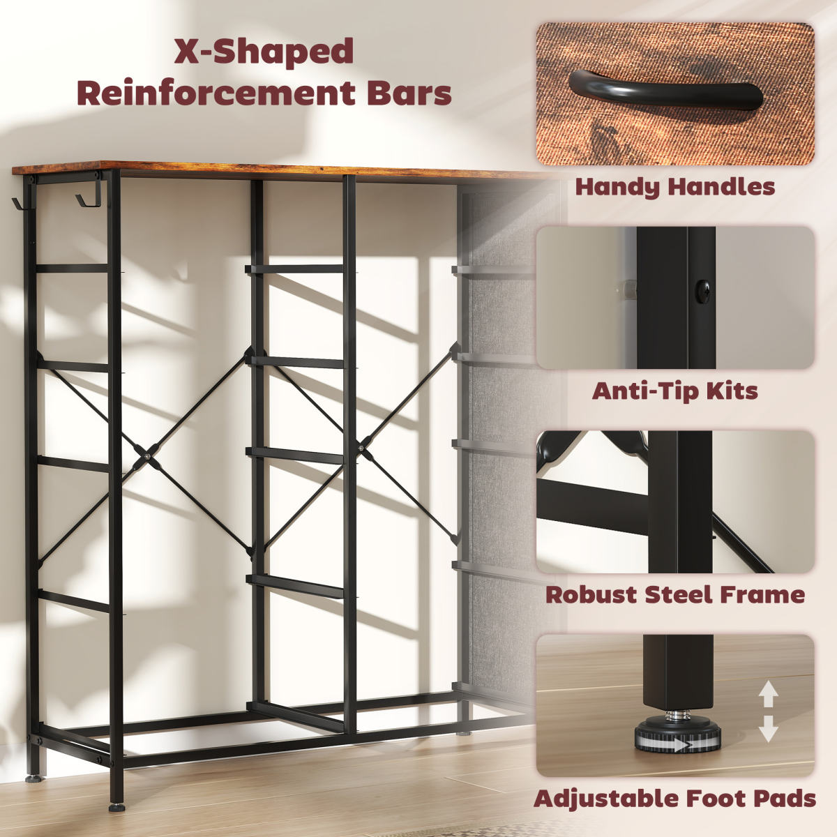 Fabric Chest of Drawers with 10 Drawers, Side Pockets & Hooks – Steel Frame Storage Unit, Rustic Brown and Black