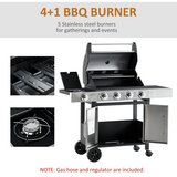 Outsunny 4+1 Burner Stainless Steel Gas BBQ Grill Trolley with Side Burner – Garden Cooking, 128 x 50 x 113cm