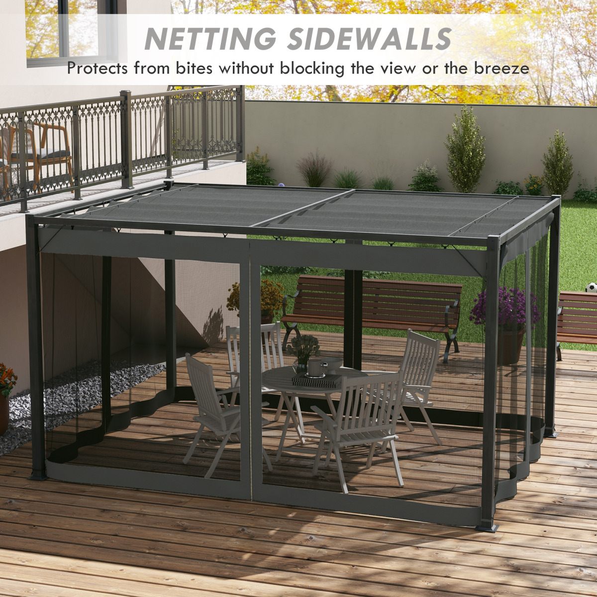 Outsunny 3 x 4m Retractable Pergola with Net Curtains & Aluminium Frame – Garden Shelter, Dark Grey