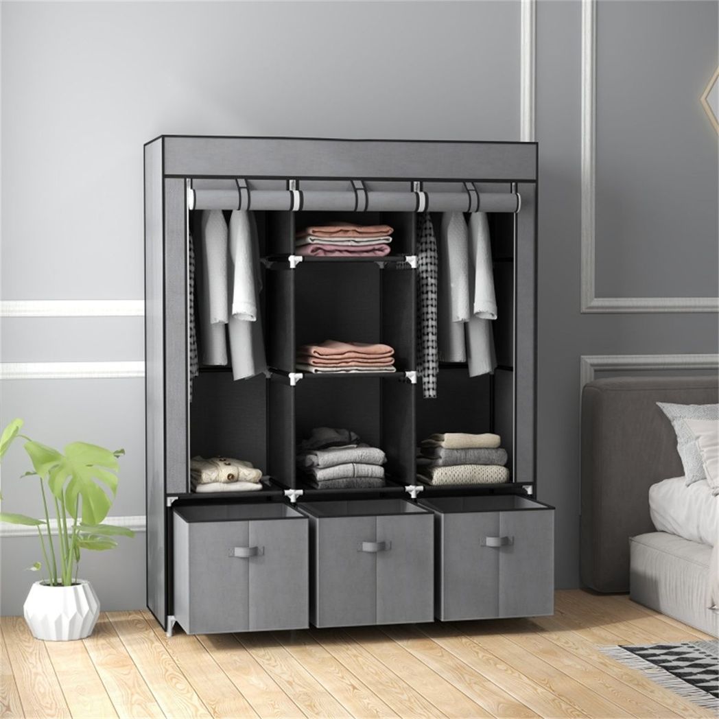 Chester Portable Wardrobe with 2 Hanging Rods, 5 Shelves & 3 Fabric Drawers – Steel Frame Clothes Storage